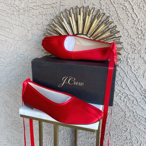 J. CREW Ruby Red Satin Lace Up Ballet Slippers Flats Pointe Shoe Style Flats - Picture 7 of 17